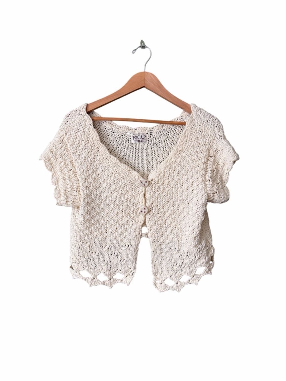 RICO HandKnits Ivory Cropped Short Sleeve Button Down Cardigan Sweater M/L